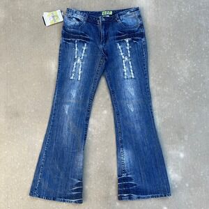 2000s Y2K Ferrini Jeans Women Blue Wash Flared Embellished Denim 34x33.5